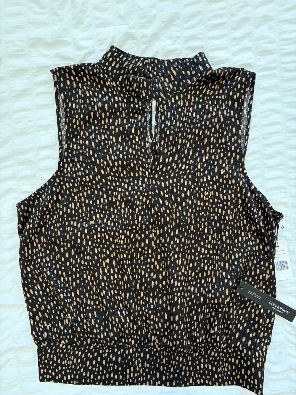 Liverpool Mock-Neck with Keyhole Sleeveless Blouse. Animal Dot Print,Wide Waist.